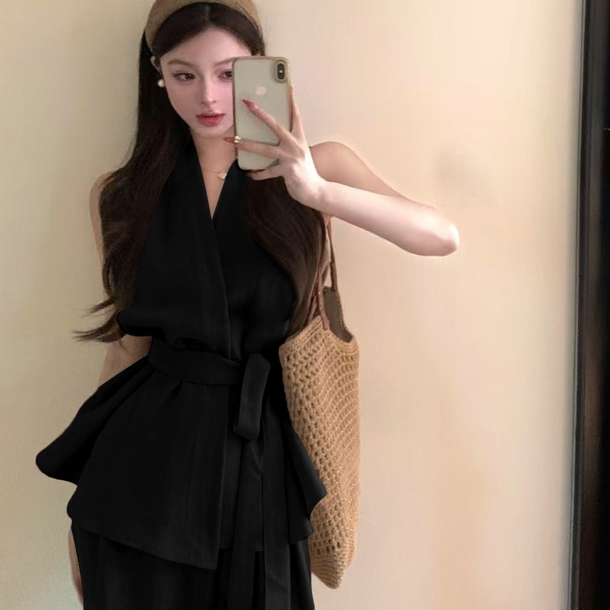 2025夏季套装裤女交叉绑带V领挂脖无袖背心衬衫高腰阔腿裤两件套