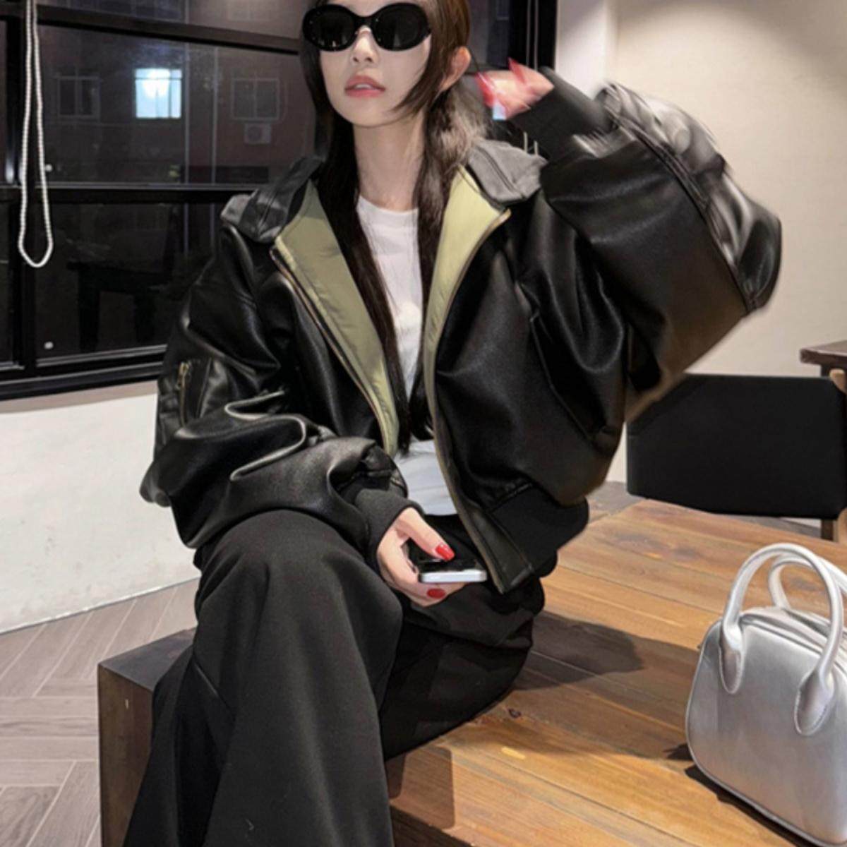 美式炸街黑色双面穿pu皮连帽外套女冬季加厚夹棉复古短款夹克棉服