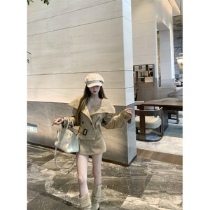 卡其色气质翻领收腰外套上衣女春季高腰半身裙裤裙复古两件套装女