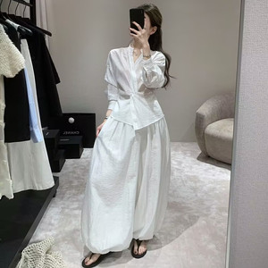 韩系高级感气质扭结设计V领衬衫上衣女春季灯笼休闲裤两件套装女