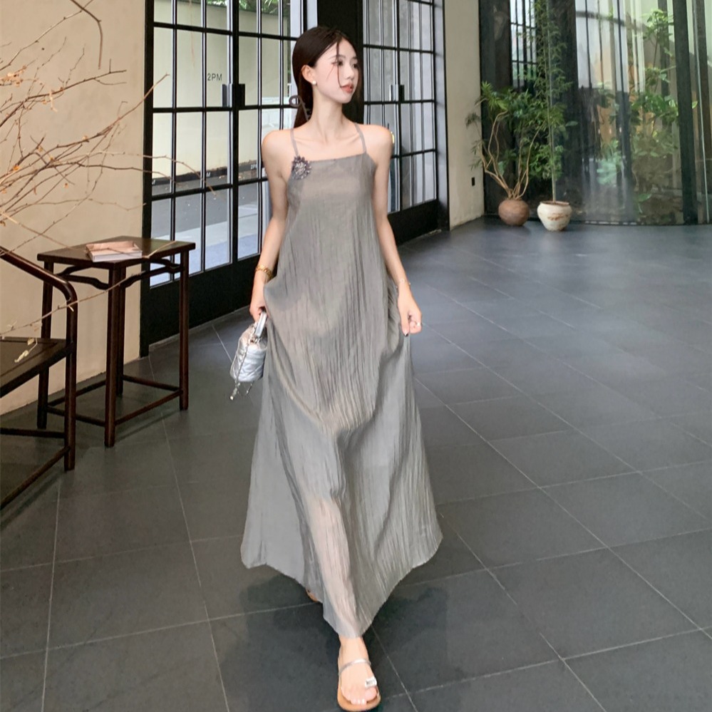 新中式禅意套装挂脖连衣裙度假女