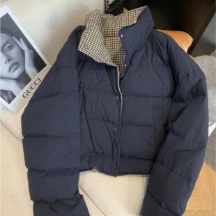 千鸟格两面穿撞色立领棉服外套女冬季新款设计感宽松保暖短款棉衣