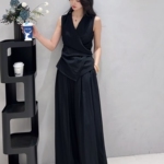 2025夏季简约设计感无袖收腰上衣女高腰休闲宽松阔腿裤两件套装女