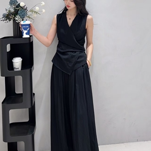 2025夏季简约设计感无袖收腰上衣女高腰休闲宽松阔腿裤两件套装女