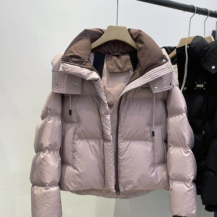 韩版撞色短款连帽棉服女冬季新款小个子宽松面包服保暖棉衣外套女