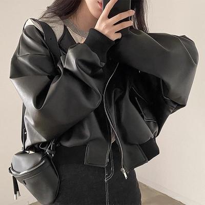 假两件连帽皮衣外套女短款女春季