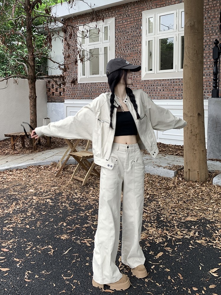 甜酷套装长袖短上衣夹克外套女春季宽松美式工装裤休闲长裤两件套