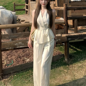 夏日绝美穿搭套装女2025新款韩系气质轻熟风无袖上衣阔腿裤两件套