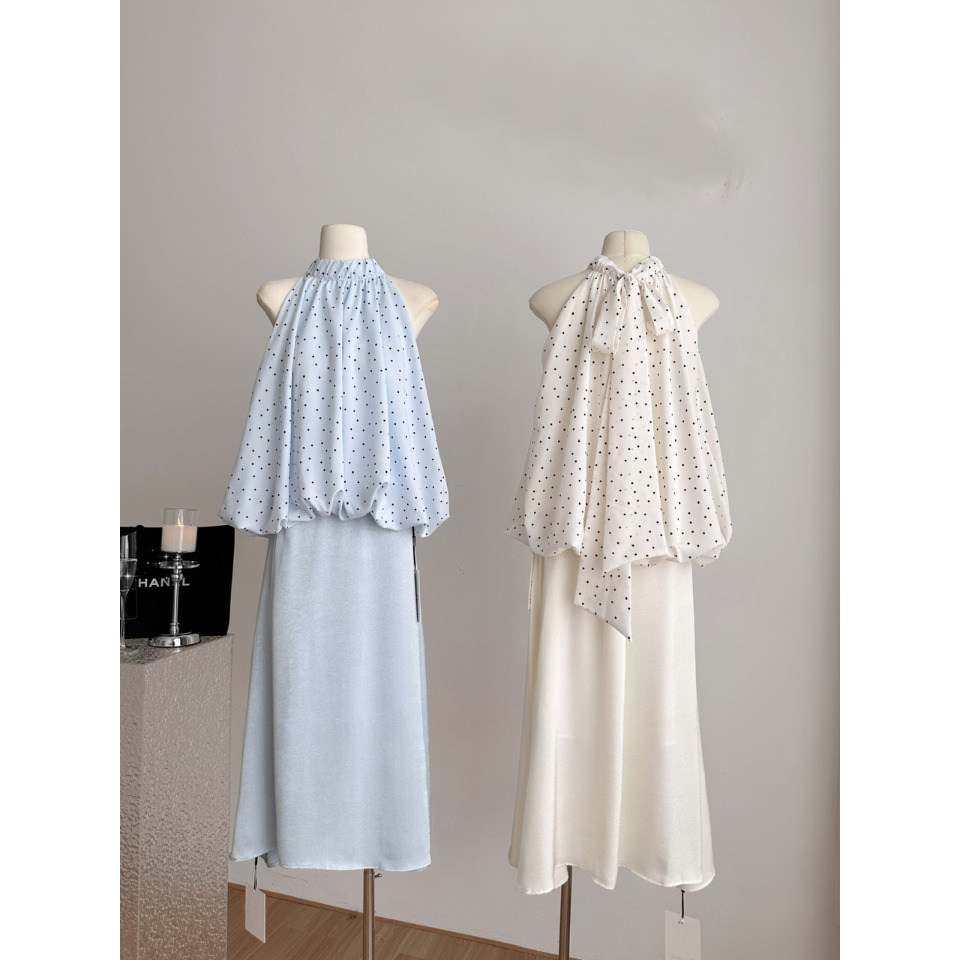纯欲风插肩挂脖波点花苞上衣女夏季新款高腰半身裙气质两件套装女