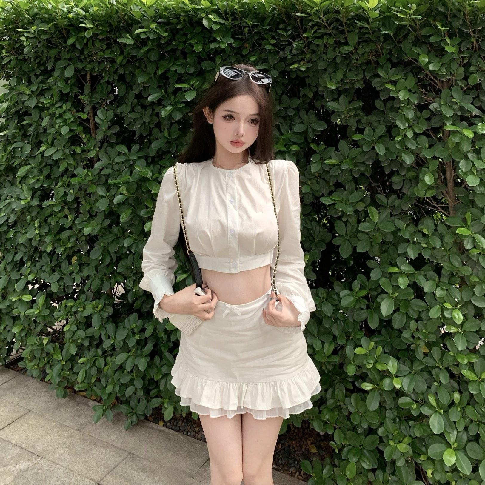 法式长袖短款白色衬衫上衣女春季时尚套装荷叶边包臀半身裙两件套