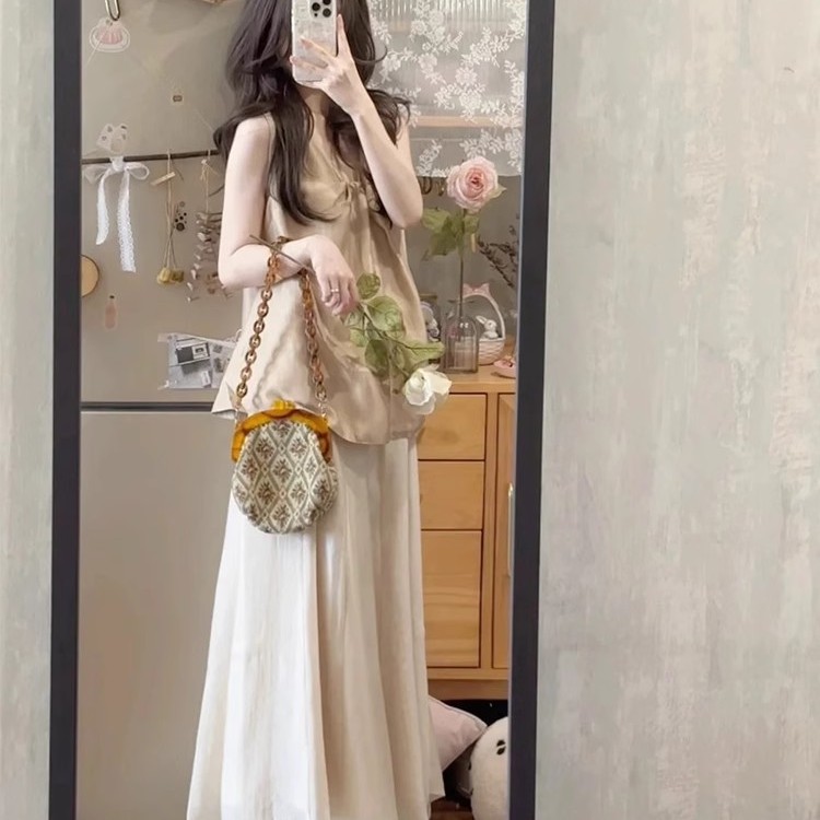 法式气质无袖背心上衣女2025新款阔腿裙裤夏季穿搭绝美辣妹套装女