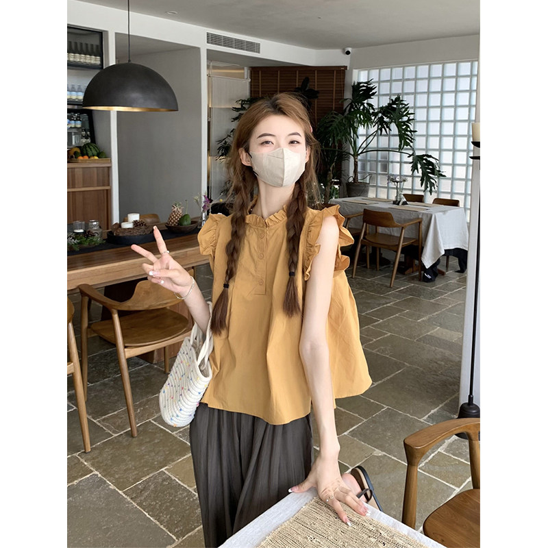木耳边小飞袖衬衫女短款套头上衣