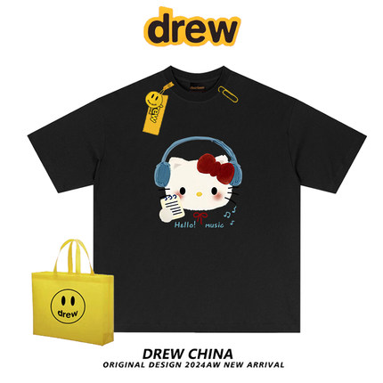 drew美式潮牌KT猫卡通印花短袖t恤男女休闲宽松百搭情侣款上衣ins