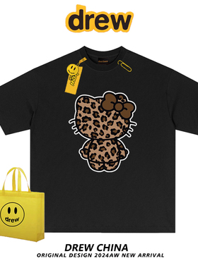 drew美式潮牌豹纹HelloKitty复古宽松短袖t恤男女情侣纯棉上衣INS