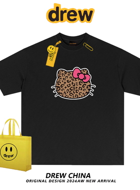 drew美式潮牌豹纹HelloKitty纯棉短袖t恤男女街头宽松情侣上衣INS