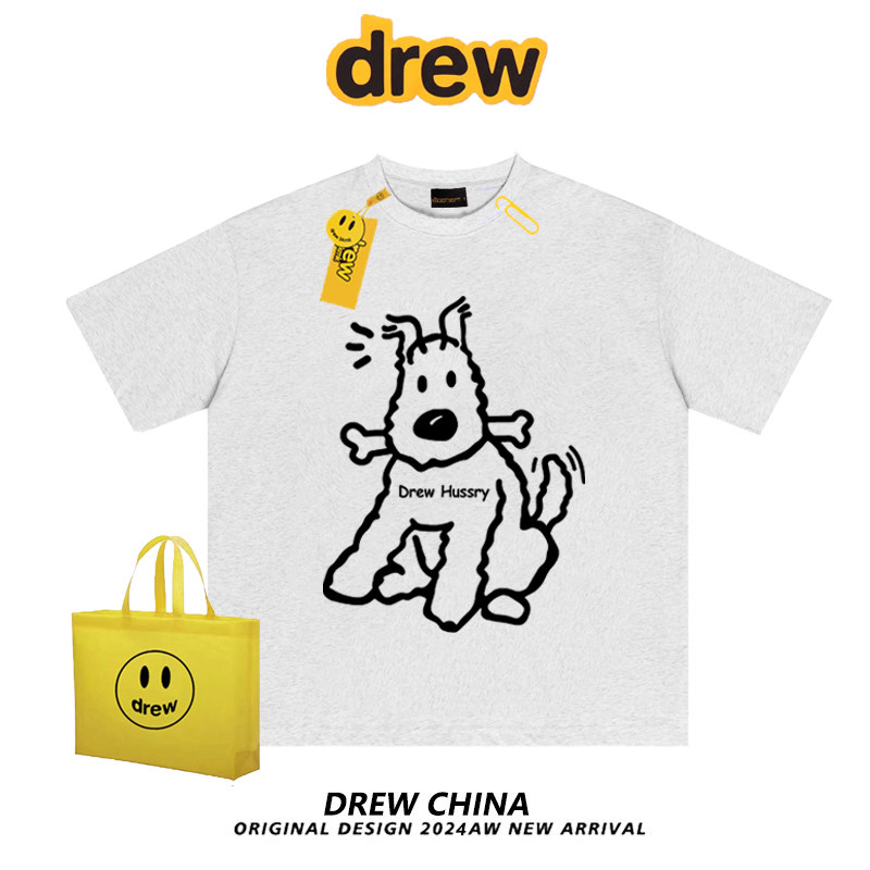 drew美式潮牌啃骨小狗字母卡通短袖T恤男女同款宽松百搭情侣上衣