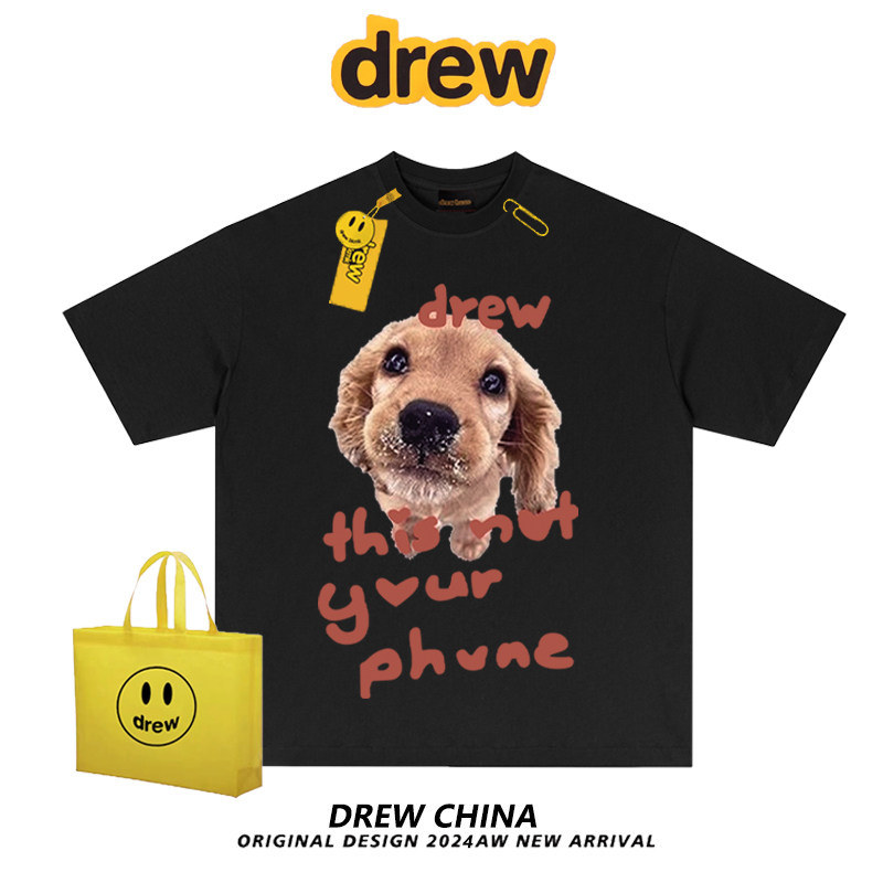 drew美式潮牌金毛狗狗印花短袖