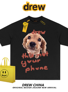 drew美式潮牌金毛狗狗短袖t恤男女复古街头宽松情侣装纯棉上衣ins