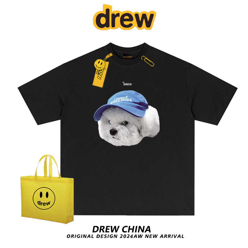 drew美式潮牌邪恶摇粒绒小狗卡通印花短袖T恤男宽松休闲情侣上衣
