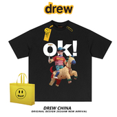 drew美式 复古趣味橡皮人赛马印花短袖 T恤男女宽松百搭情侣上衣夏