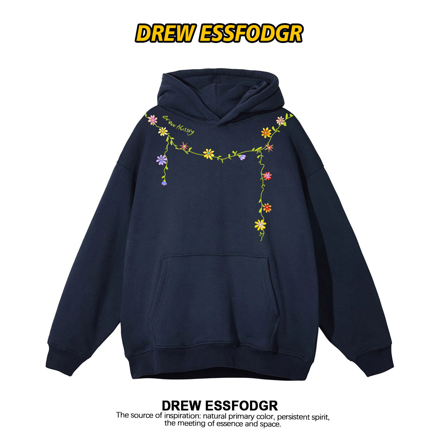 drew美式潮牌花卉项链设计感印花连帽衫卫衣男女街头宽松情侣外套