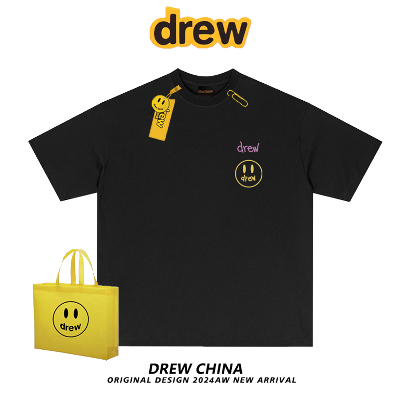 drew笑脸简约字母印花重磅短袖T恤男女小众潮牌宽松休闲情侣上衣
