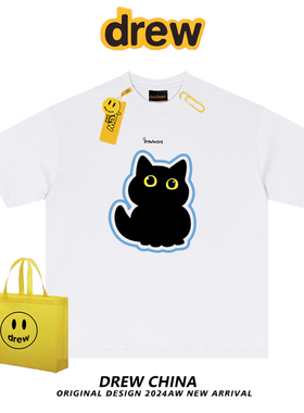 drew美式潮牌卡通可爱黑色猫咪印花短袖T恤男女休闲宽松情侣上衣