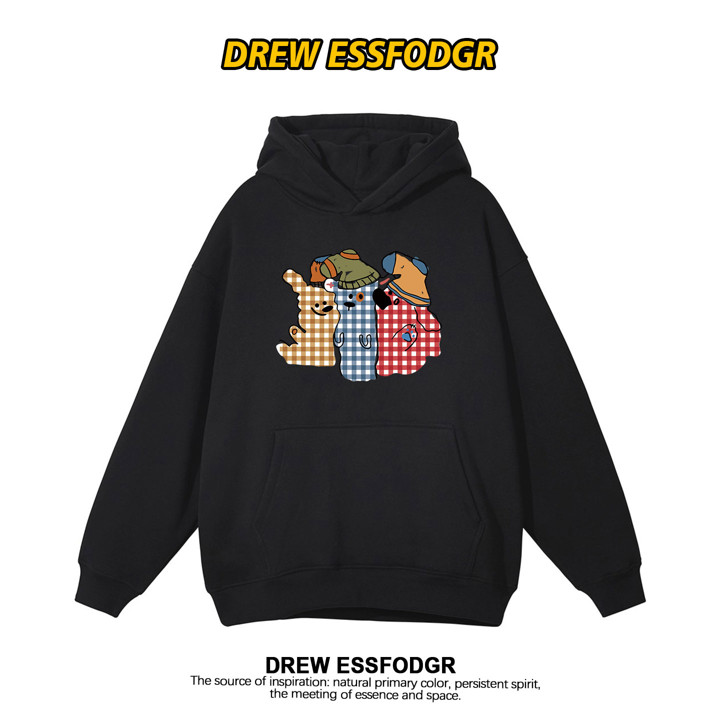 drew美式复古小熊印花连帽卫衣