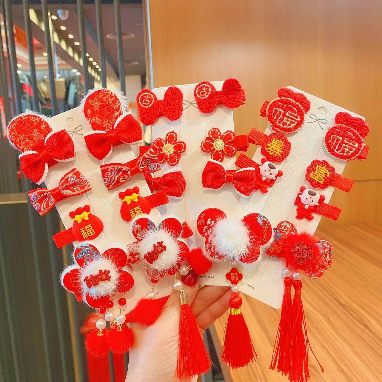 儿童新年发饰喜庆发夹女童蝴蝶结流苏发卡女孩夹子中国风过年头饰