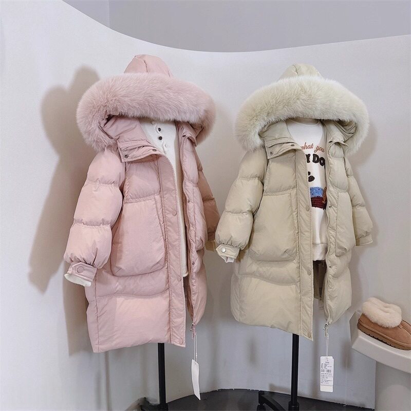 【现货】女童大毛领冬季儿童中长款棉服洋气羽绒棉衣加厚外套
