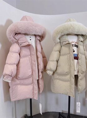 【现货】女童大毛领冬季儿童中长款棉服洋气羽绒棉衣加厚外套