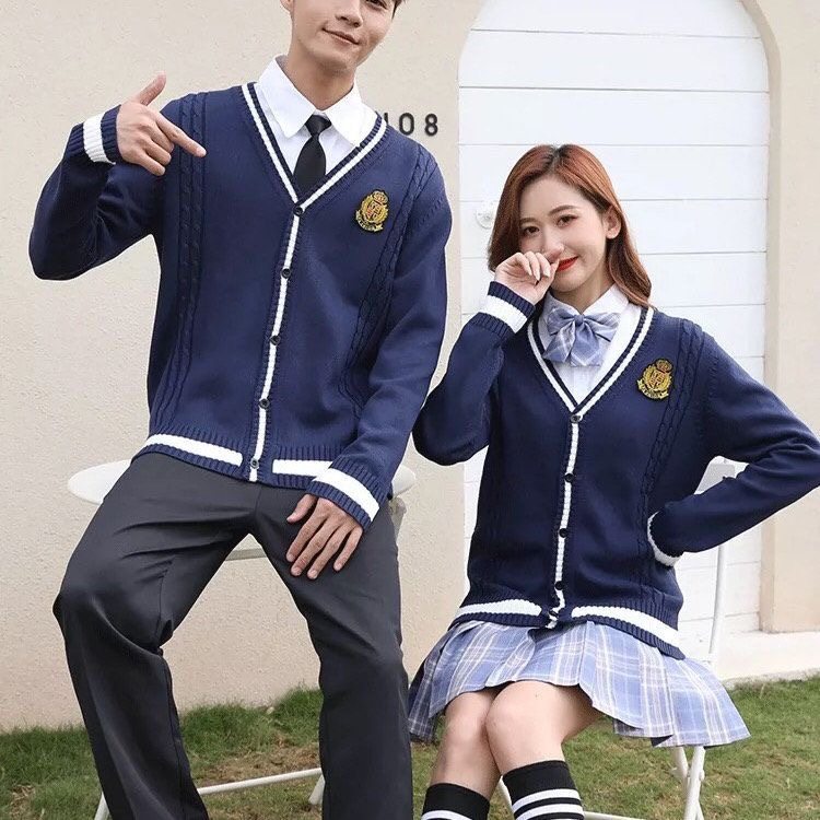 现货 学院风针织衫男女学生制服班服长袖v领开衫毛衣校服老师园服