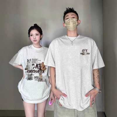 夏纯棉短袖T恤情侣装慵懒风宽松小众设计感男女上衣学生潮牌班服