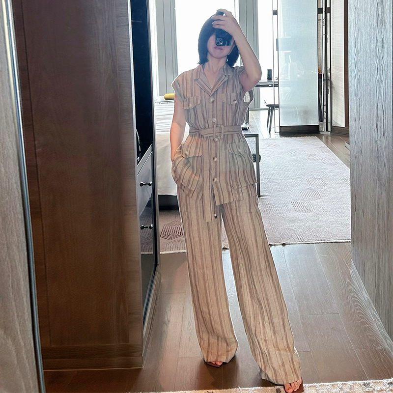 老钱2025夏新女装条纹亚麻色织百搭工装风无袖上衣高腰阔腿裤套装