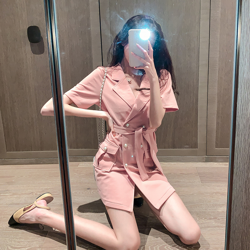 Real shot summer women's versatile suit collar double breasted slim bandage Short Sleeve Dress