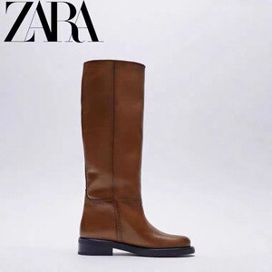 ZAR女鞋2023新品美拉德长靴棕色复古显瘦高筒靴大筒围骑士靴女A潮