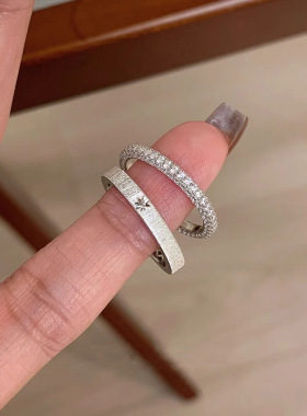 S925纯银色中古拉丝星芒素圈戒指女小众设计轻奢高级感食指戒指环