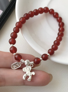 S925纯银马上有钱招财纳福手链国风新中式天然红玛瑙手串好运手饰