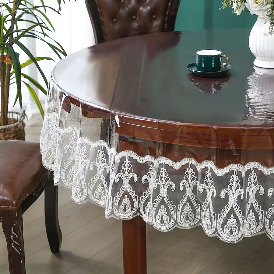 欧式蕾丝刺绣圆形桌布透明软玻璃餐桌台布桌面装饰防尘垫免洗可擦