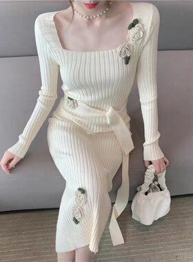 潮牌2023秋季新款女装名媛气质方领长袖收腰显瘦包臀针织衫连衣裙