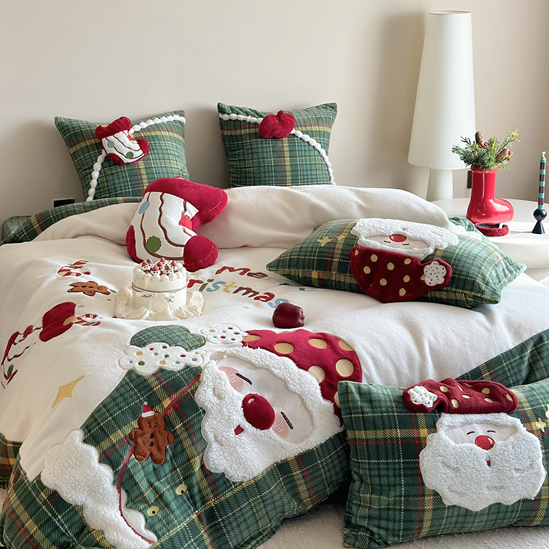 卡通冬季加厚羊毛绒四件套圣诞节牛奶绒贴布绣被套床单珊瑚绒床品