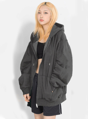 ins深灰色oversize拉链外套女2023韩版宽松bf慵懒风连帽卫衣春冬