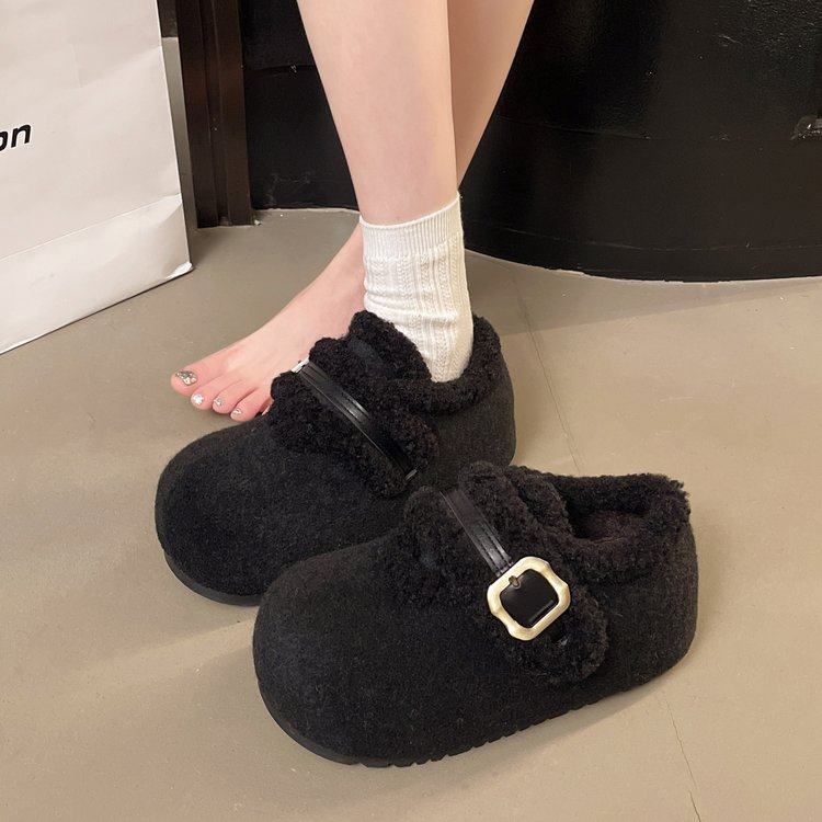 2025年冬季新款时尚百搭拼接厚底增高面包金属扣废土风包头毛毛鞋,女鞋,深口单鞋,淘宝优惠券,粉丝福利购,淘宝优惠卷