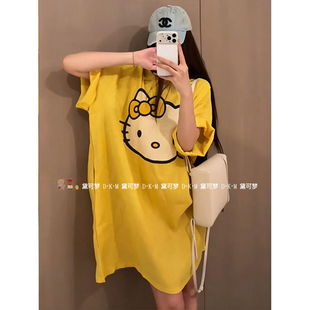 黛可梦韩版圆领慵懒风猫咪连衣裙女款夏季休闲风睡裙可外穿家居服