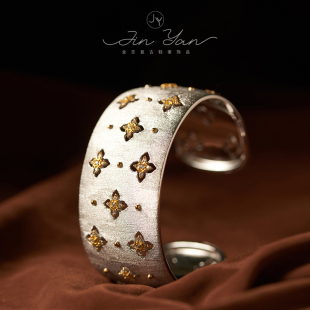 欧美小众意大利精工拉丝工艺s925银镀18K金女四叶草镶钻开口手镯