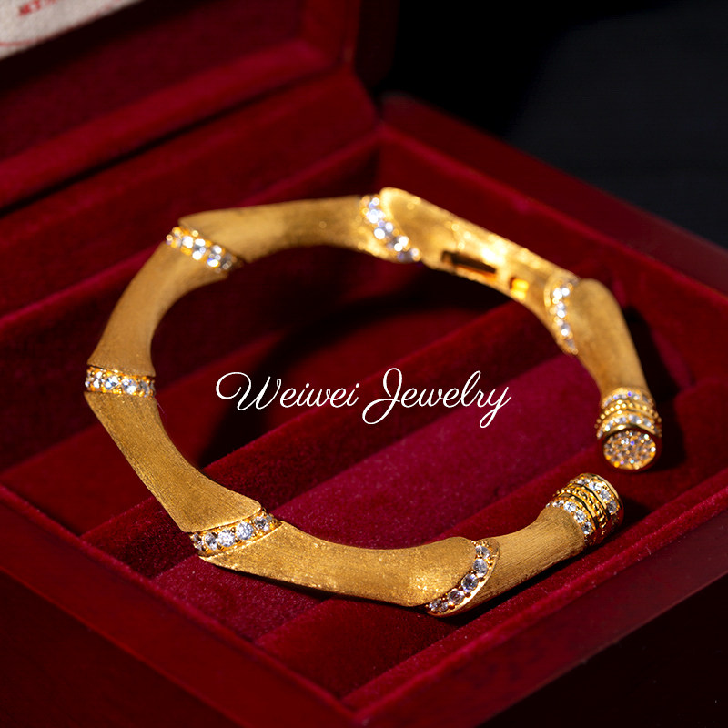 浮光跃金925银镀18K金珠宝超重工拉丝竹节镶钻复古新中式纯银手镯