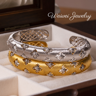 小众轻奢复古意大利拉丝工艺s925银镀金经典 镂空四叶草开口手镯