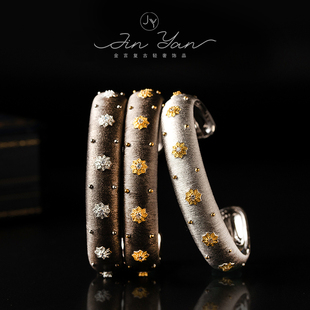 轻奢复古意大利拉丝工艺s925纯银镀金奢华雪花镶钻开口手镯