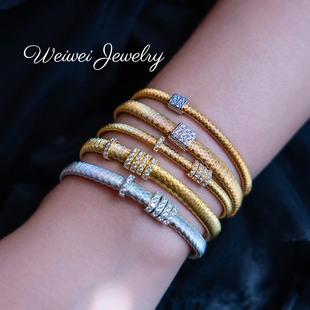 意大利925银镀金铉线方形围镶手链轻奢小众精致纯银绕丝编织手链