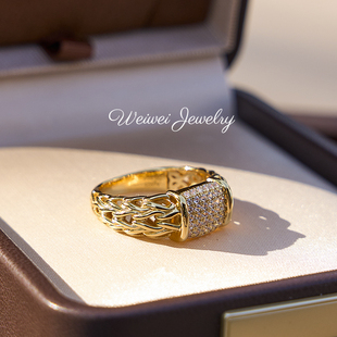 重工编织复古戒指镶钻满钻轻奢925银镀金指环女高级感指环